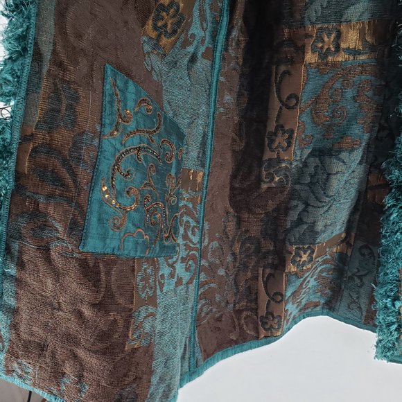 Yak Magik Teal Brown Open Front Silk Blazer Jacket Size Small - Picture 10 of 16